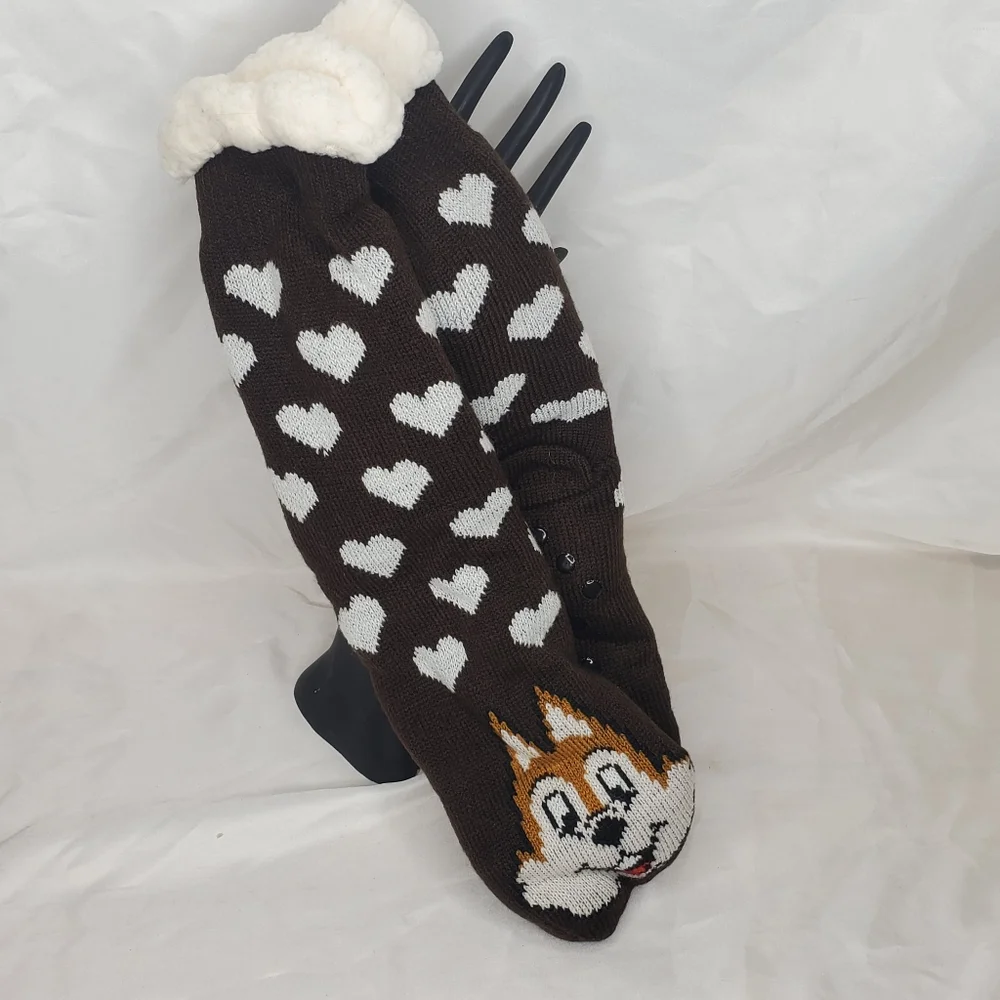 ◇ Sherpa Slipper Socks Brown with White Hearts Non Slip